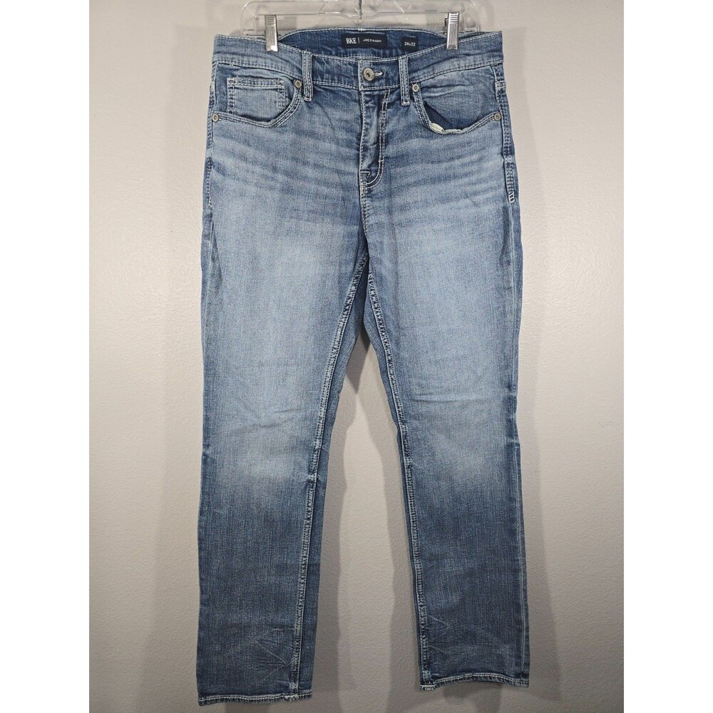 BKE Jake Jeans Mens 34L Straight Leg Blue Denim Stretch Whiskered faded 34x32 AD